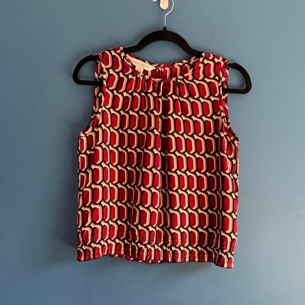 Vintage Silk Blouse Women's Size 8 Casual Corner Red High Neck Patterned Retro